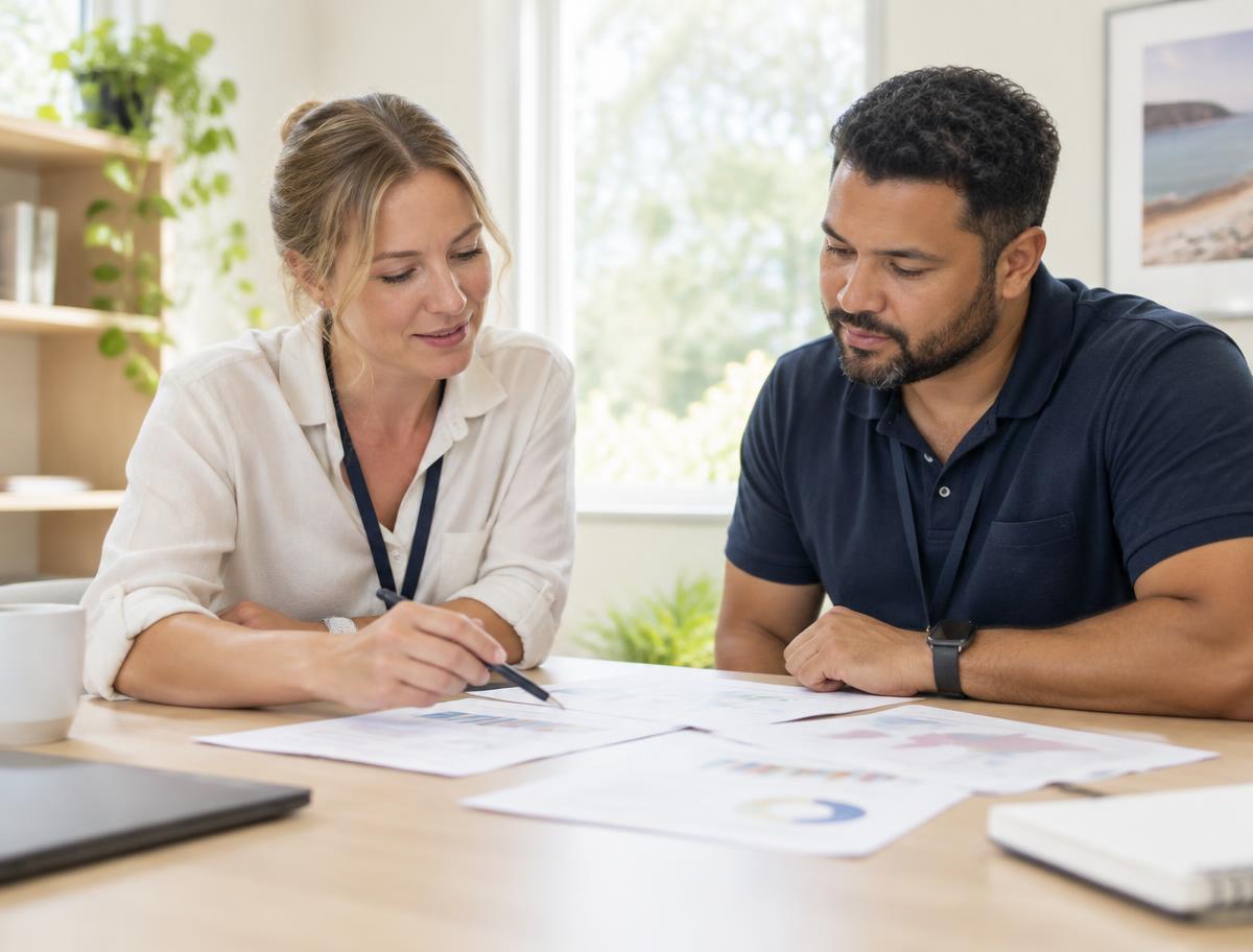 Two community services staff reviewing reports together at a desk