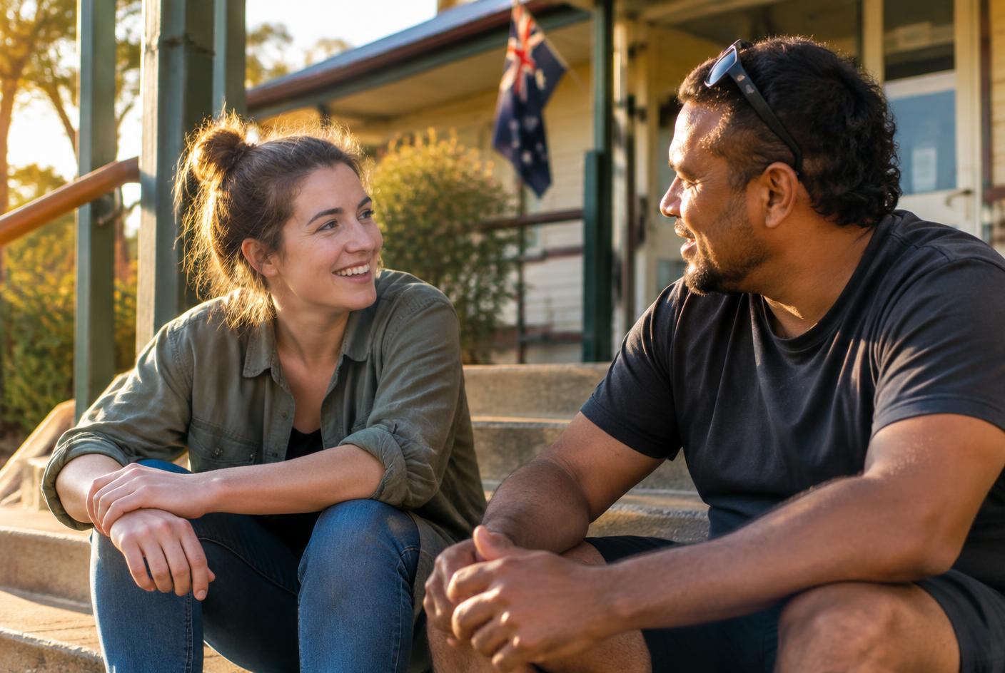 Two people in conversation outside a community building