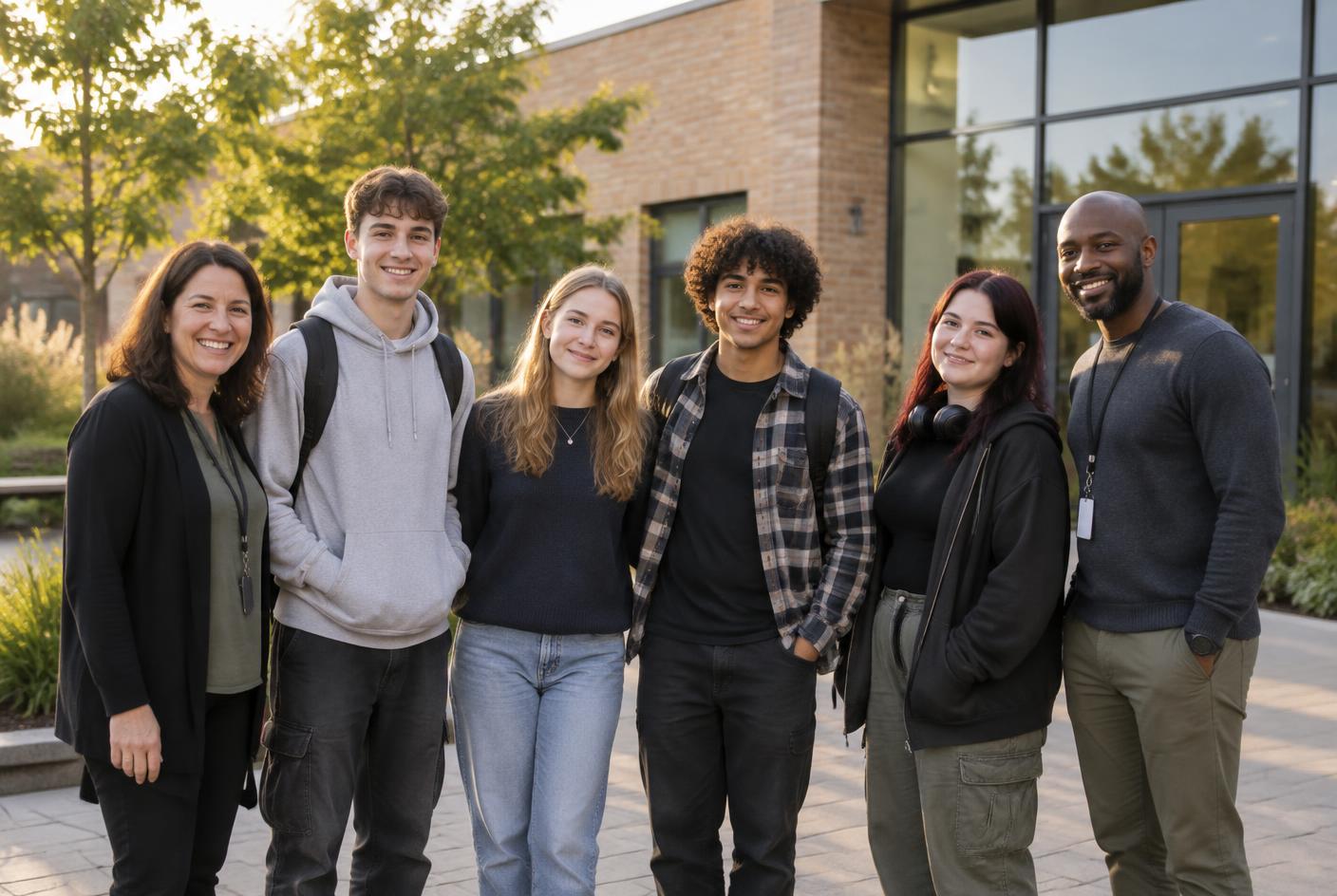 Young people standing outside a community centre with their support workers