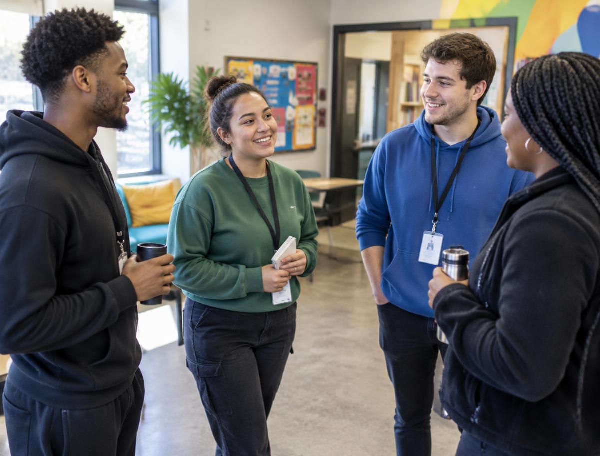 Youth workers talking together before a shift at a community centre